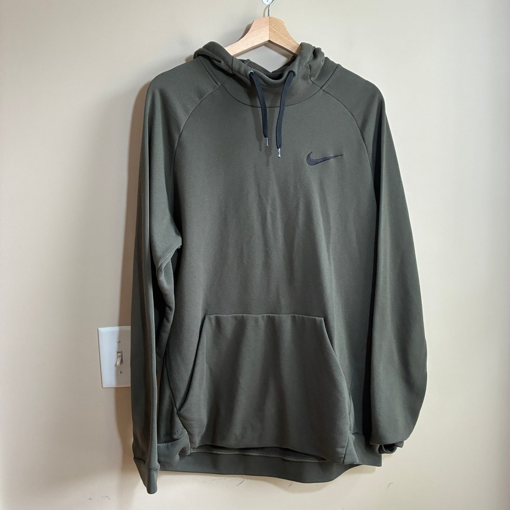 Nike Dri-FIT Pullover Hoodie XL Olive Green Mens Athletic Polyester Sweatshirt